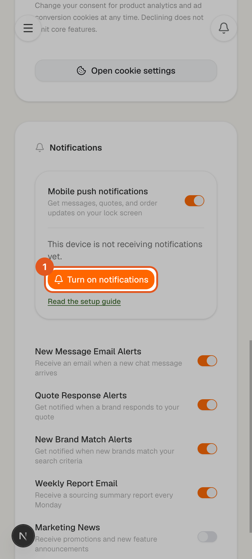 Notification settings on Android with the Turn on notifications button highlighted