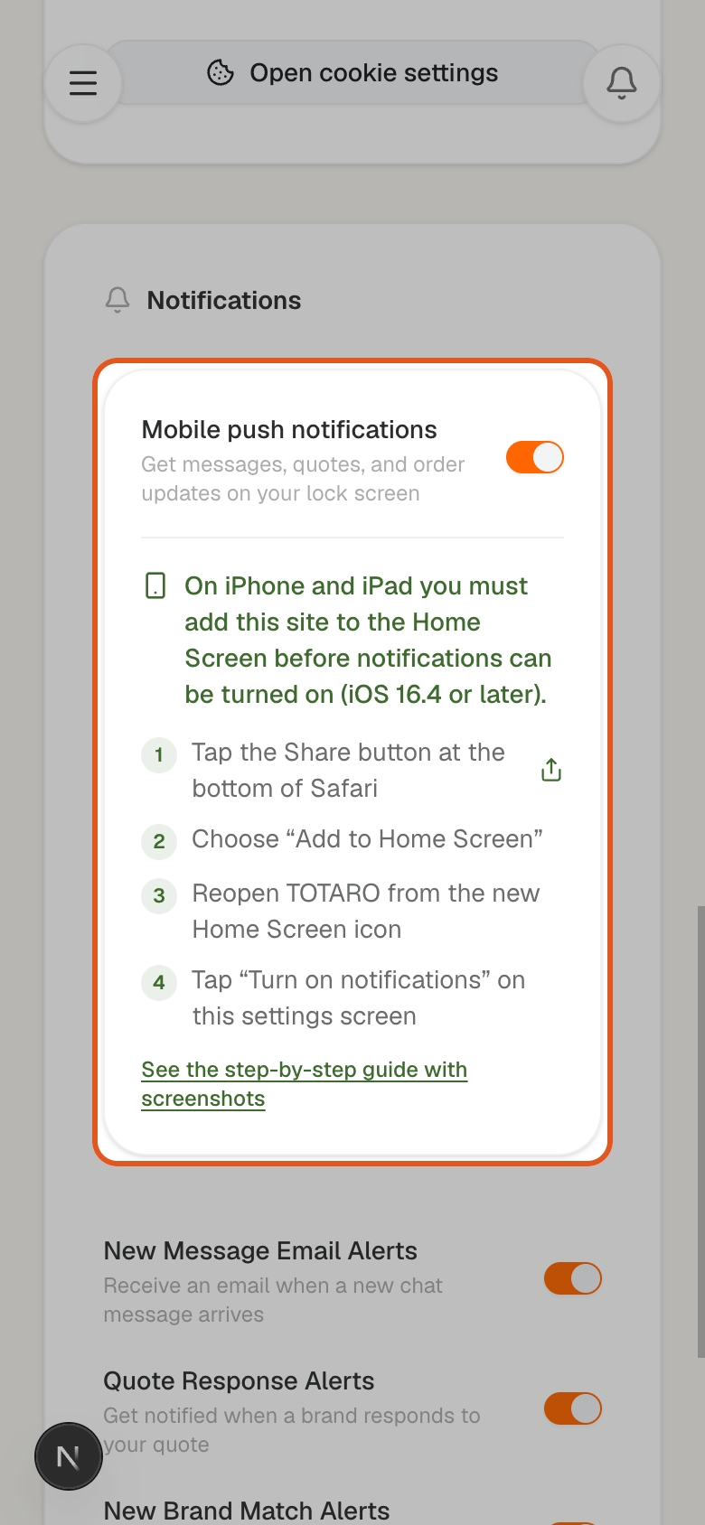 TOTARO notification settings opened on an iPhone, showing the Add to Home Screen instructions